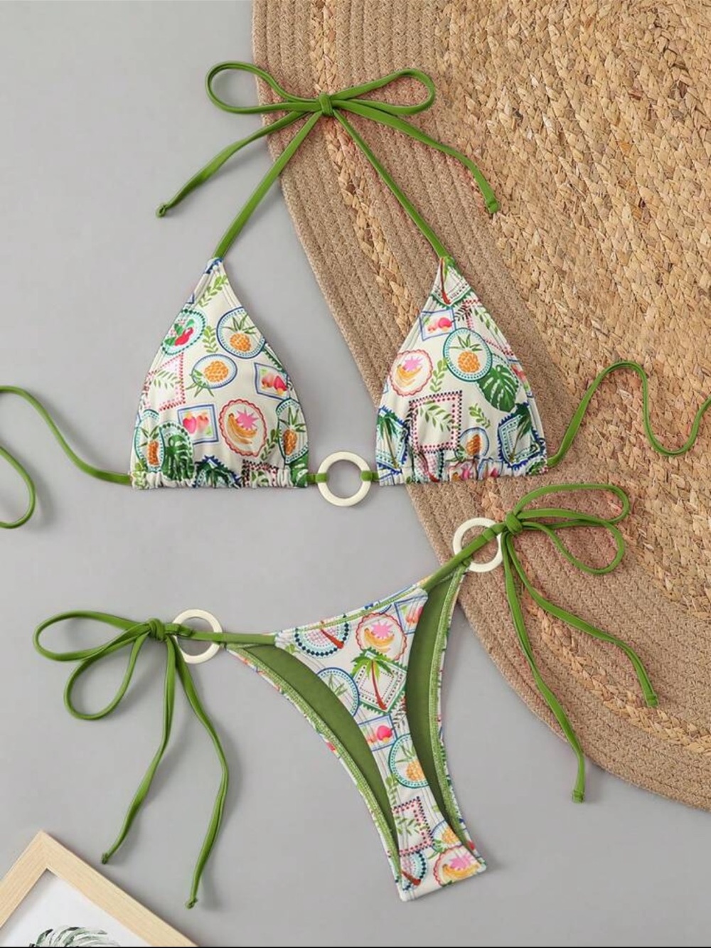 Green Tropical Print Triangle Bikini Set